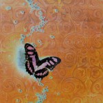 Butterfly on orange wall dripping blue beads