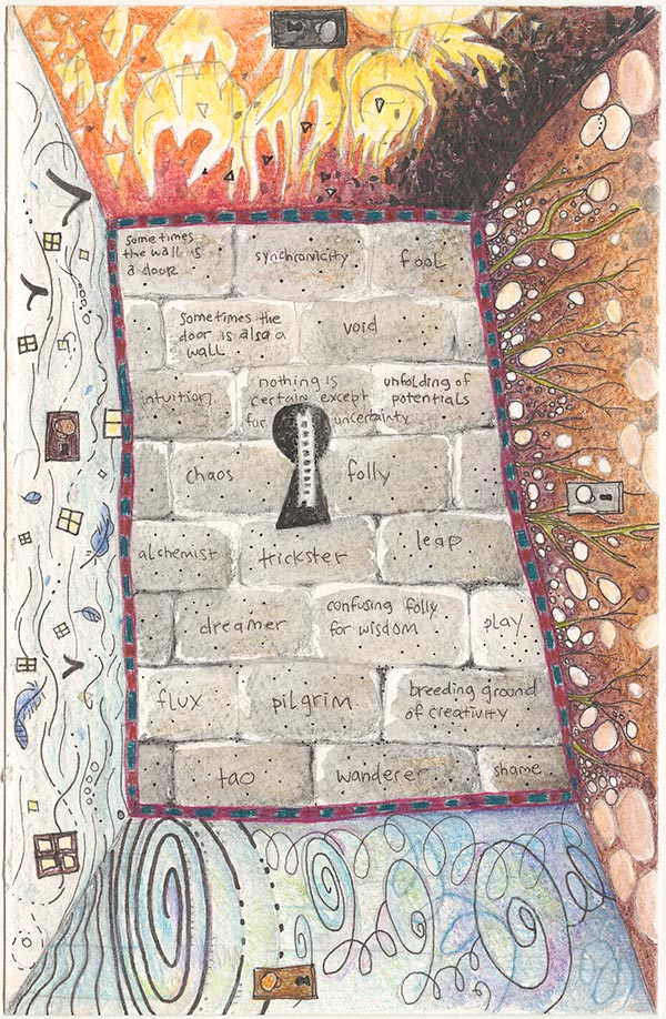 Drawing of interior rock wall with writing on the stones with four walls with colors and designs