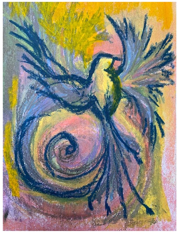 Colorful pastel crayon drawing of bird with spread wings on spiral background